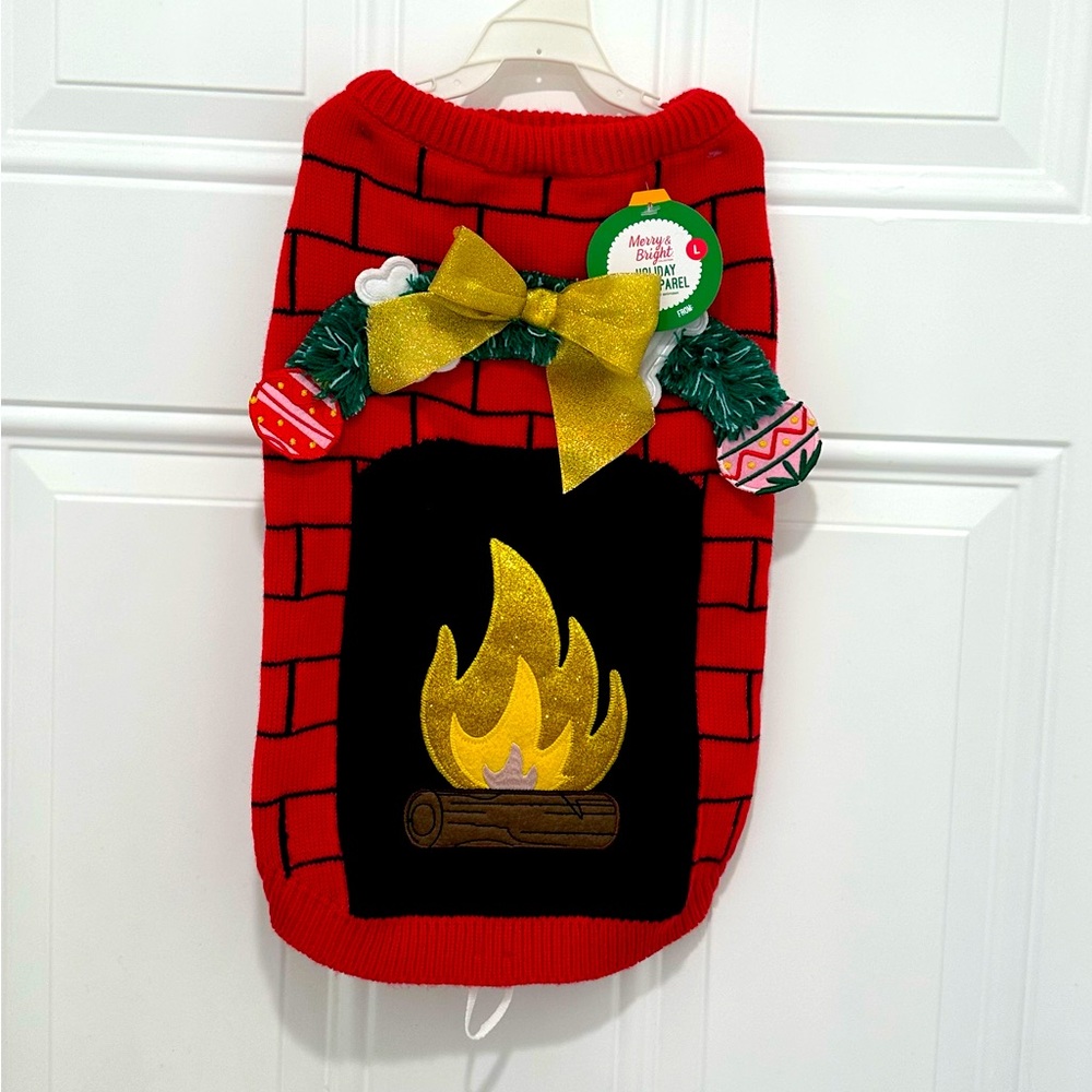 Merry & Bright Fireplace Ugly Sweater, Dog & Cat, Christmas